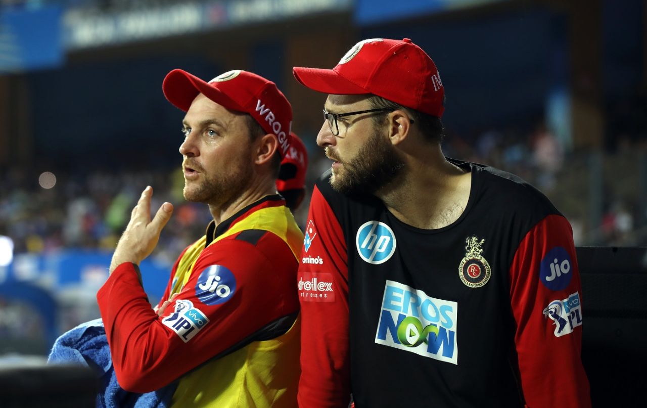 Brendon McCullum and Daniel Vettori have a chat at the dug-out, Mumbai Indians v Royal Challengers Bangalore, IPL 2018, Mumbai, April 17, 2018