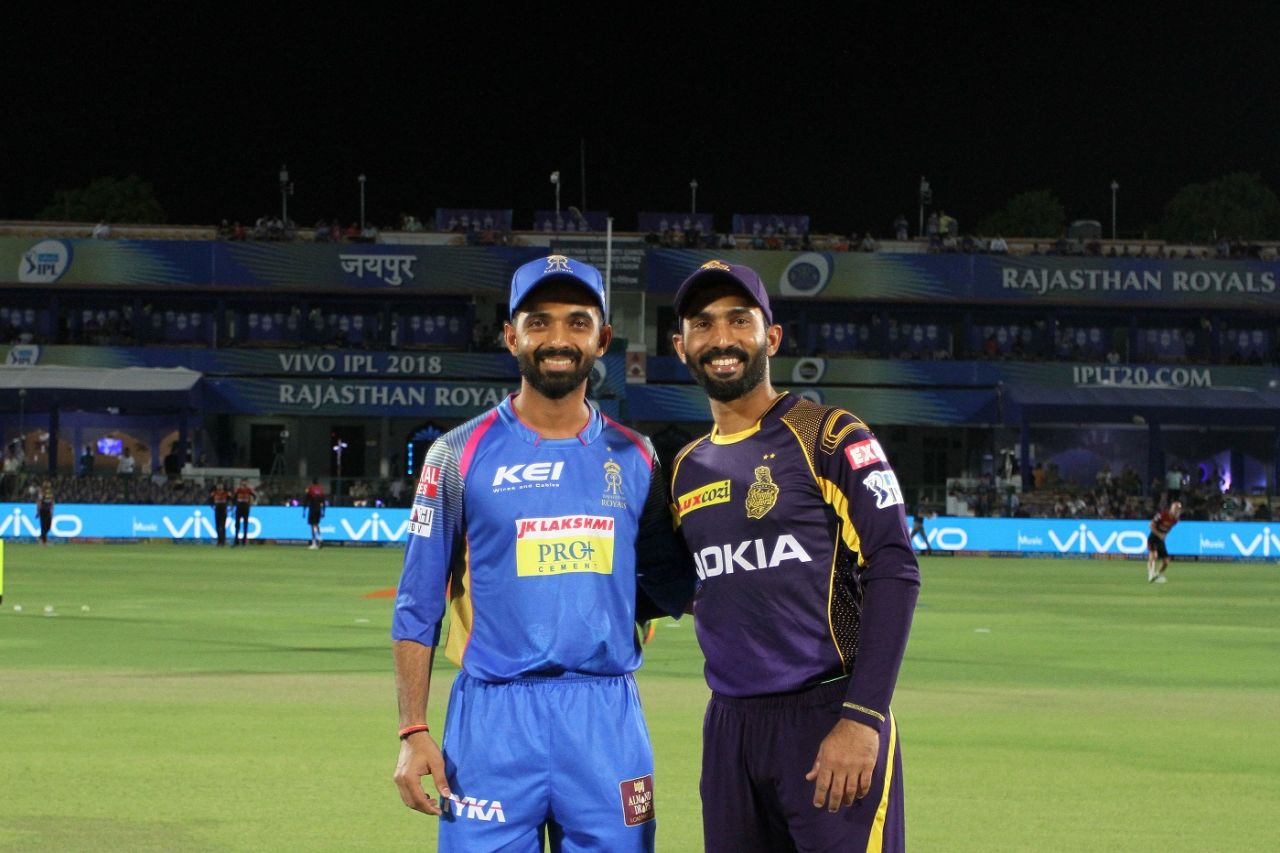 Ajinkya Rahane and Dinesh Karthik pose ahead of the toss, Rajasthan Royals v Kolkata Knight Riders, IPL 2018, Jaipur, April 18, 2018
