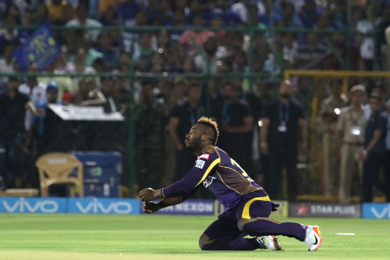 Andre Russell took a stunning catch at short extra-cover to dismiss Rahul Tripathi, Rajasthan Royals v Kolkata Knight Riders, IPL 2018, Jaipur, April 18, 2018