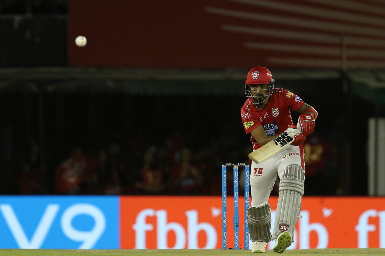 KL Rahul eyes the route of the ball after hitting it onto the off side, Kings XI Punjab v Sunrisers Hyderabad, IPL 2018, Mohali, April 19, 2018