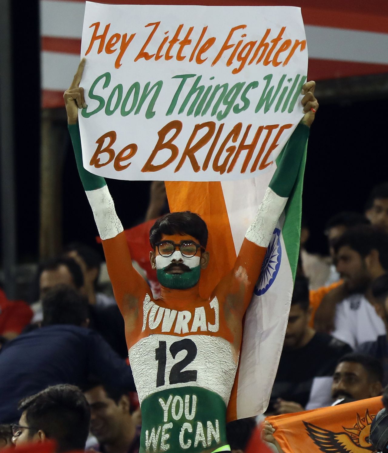 A Yuvraj Singh fan holds a message aloft for the India and Kings XI Punjab allrounder, Kings XI Punjab v Sunrisers Hyderabad, IPL 2018, Mohali, April 19, 2018