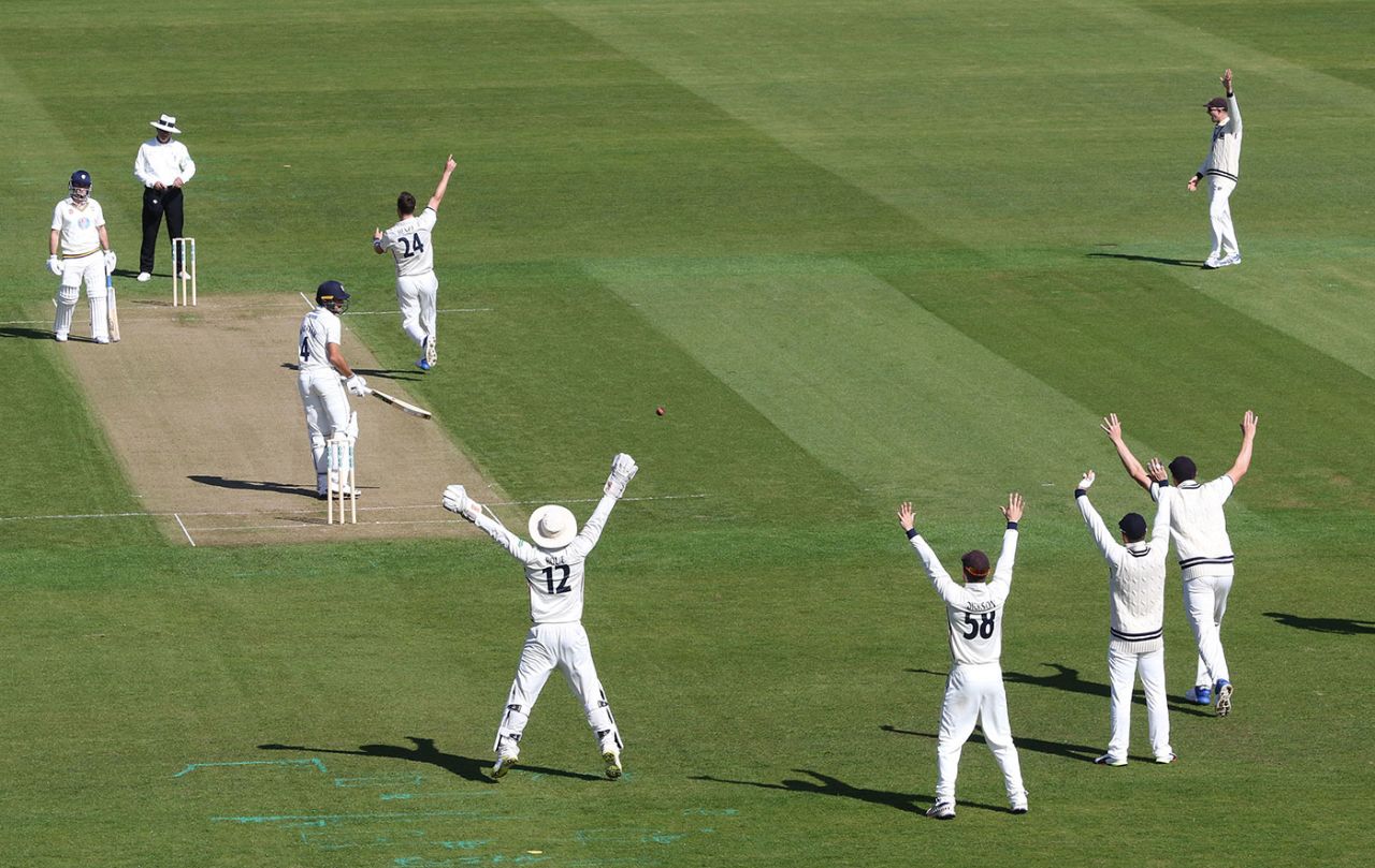 Matt Henry appeals for the wicket of Aiden Markram, Durham v Kent, Specsavers Championship, Division Two, Chester-le-Street, 1st day, April 20, 2018