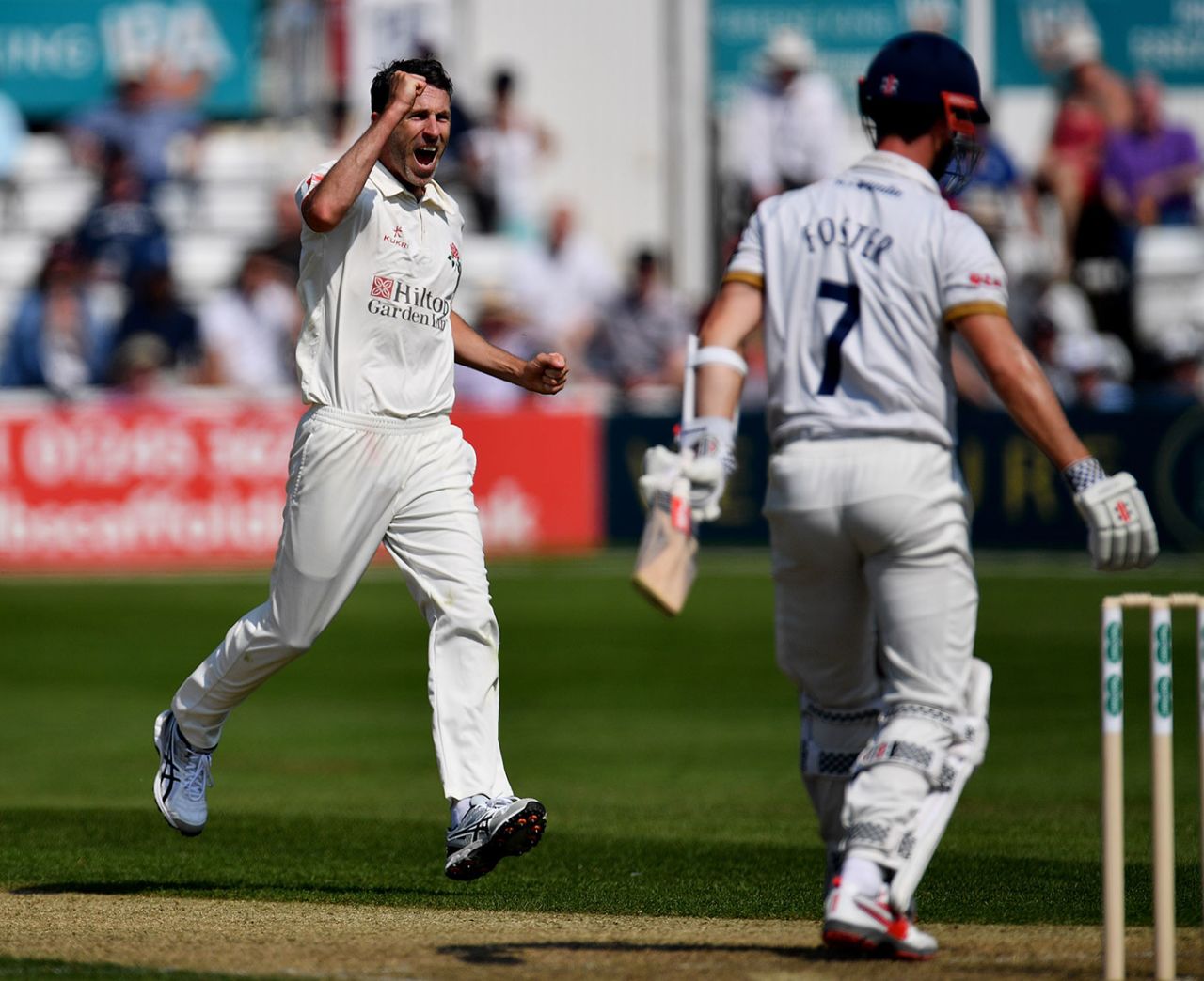 Graham Onions celebrates removing James Foster, Essex v Lancashire, Specsavers Championship, Division One, Chelmsford, 1st day, April 20, 2018