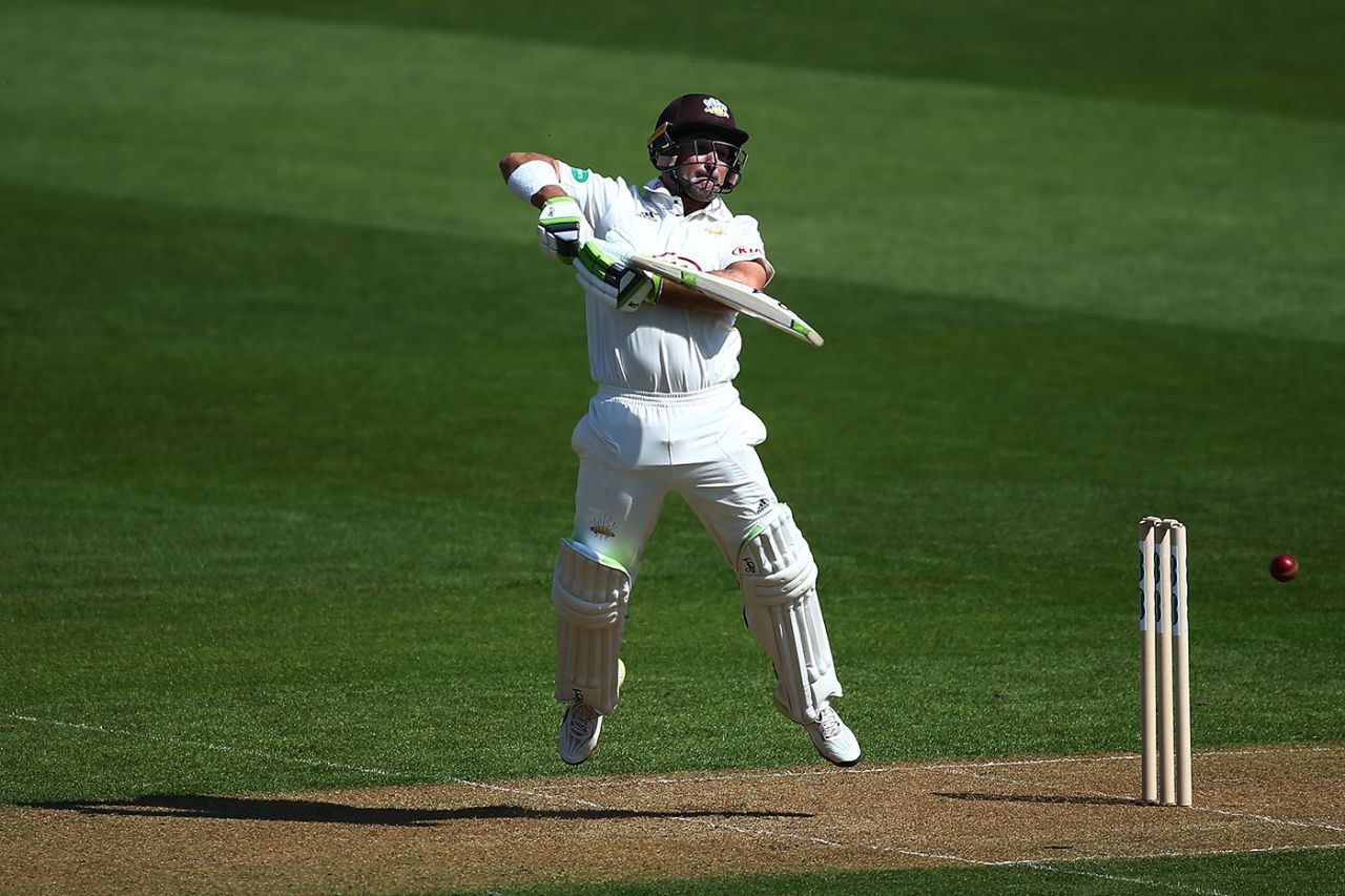 Dean Elgar fends away a delivery, Surrey v Hampshire, Specsavers Championship, Division One, Kia Oval, 1st day, April 20, 2018