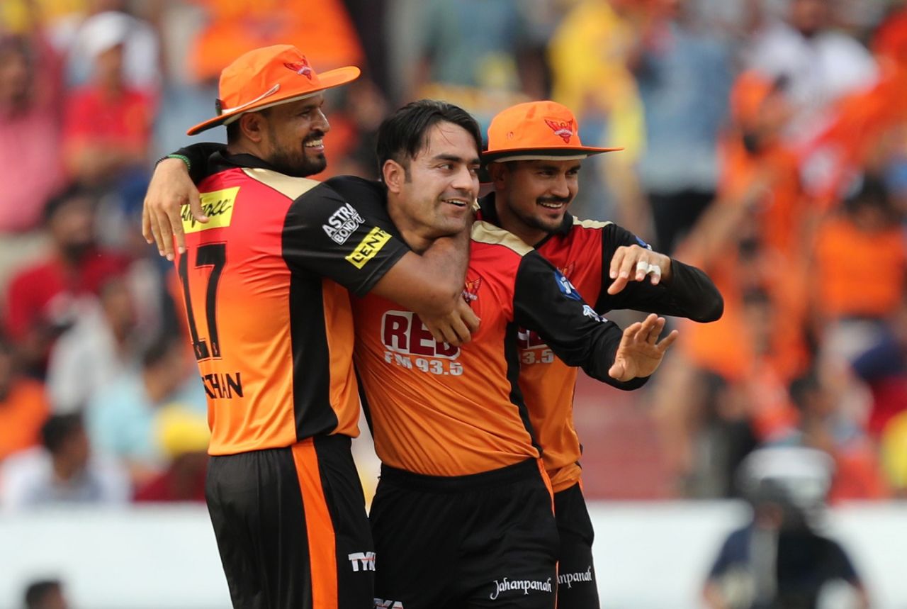 Rashid Khan is mobbed by team-mates after taking a wicket, Sunrisers Hyderabad v Chennai Super Kings, IPL 2018, Hyderabad, April 22, 2018