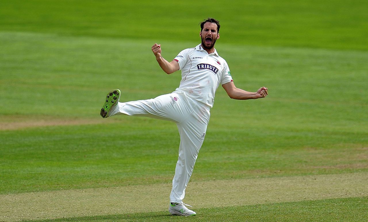 Lewis Gregory celebrates, Somerset v Worcestershire, Specsavers Championship, Division One, Taunton, 3rd day, April 22, 2018