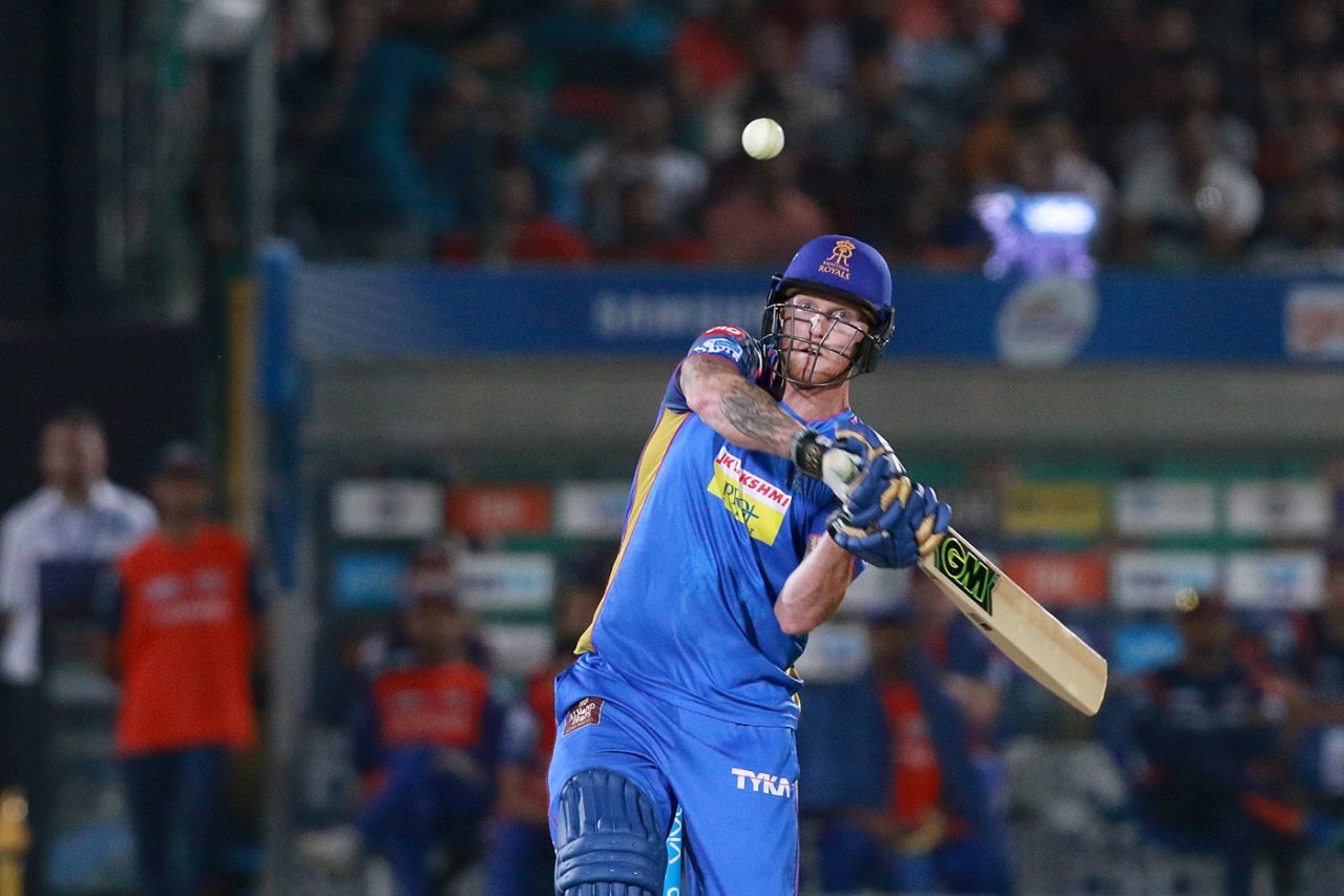Ben Stokes is a picture of concentration as he shapes to negotiate with a short ball, Rajasthan Royals v Mumbai Indians, IPL 2018, Jaipur, April 22, 2018