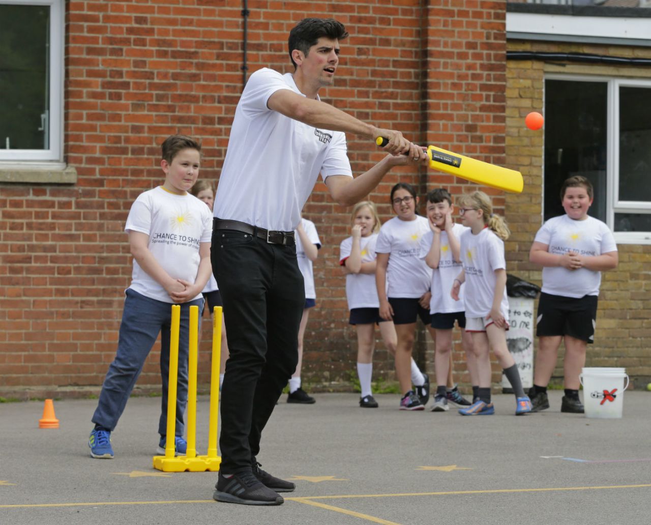 Alastair Cook plays cricket with schoolkids during a Chance to Shine / Yorkshire Tea event, Tunbridge Wells, April 24, 2018
