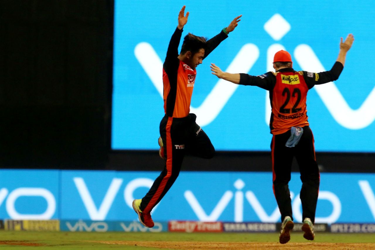 Rashid Khan and Kane Williamson leap in joy with Kieron Pollard's wicket, Mumbai Indians v Sunrisers Hyderabad, IPL, April 24, 2018