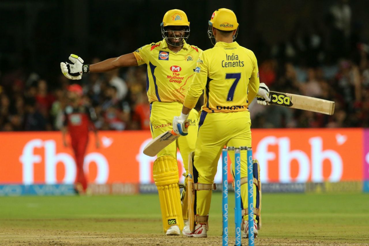 'We did it, skipper.' - Dwayne Bravo rushes in to celebrate with MS Dhoni, Royal Challengers Bangalore v Chennai Super Kings, IPL, April 25, 2018