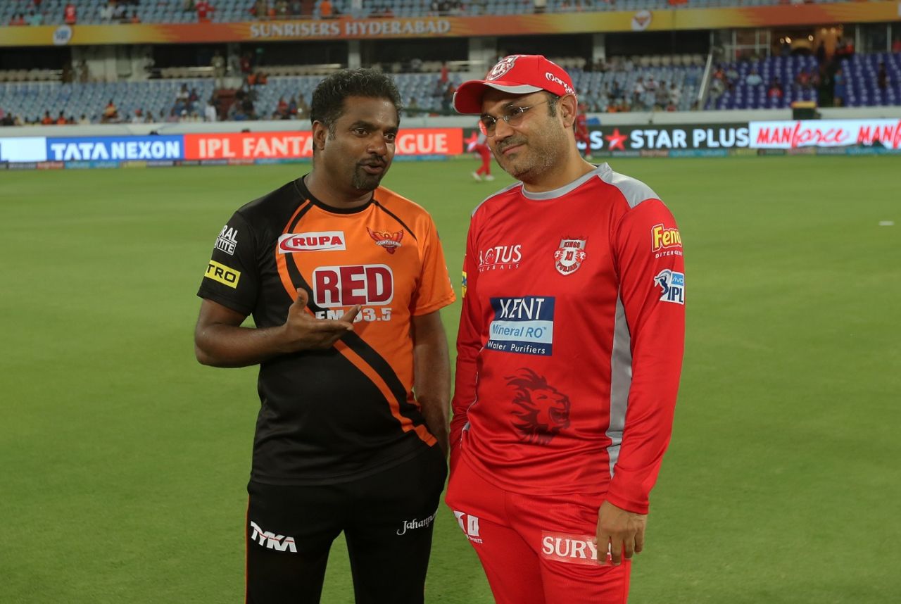 Muttiah Muralitharan and Virender Sehwag have a chat, Sunrisers Hyderabad v Kings XI Punjab, IPL 2018, Hyderabad, April 26, 2018