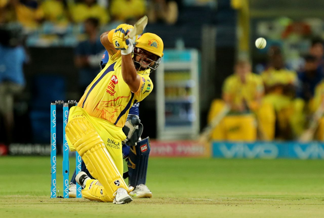Suresh Raina gets down on one knee to flay one over the bowler's head, Chennai Super Kings v Mumbai Indians, IPL 2018, Pune, April 28, 2018