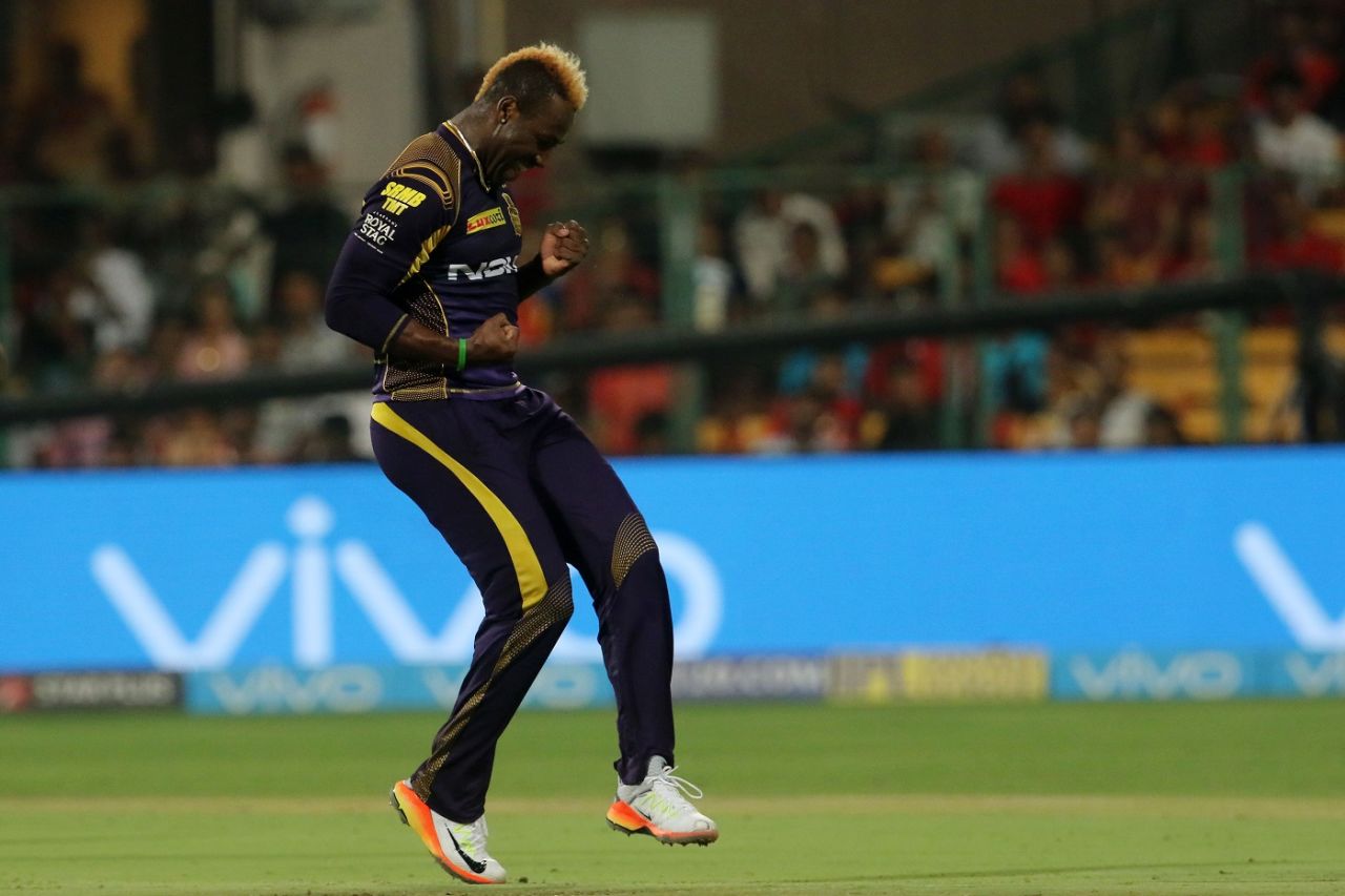 Andre Russell is chuffed after picking a wicket, Royal Challengers Bangalore v Kolkata Knight Riders, IPL 2018, Bengaluru, April 29, 2018