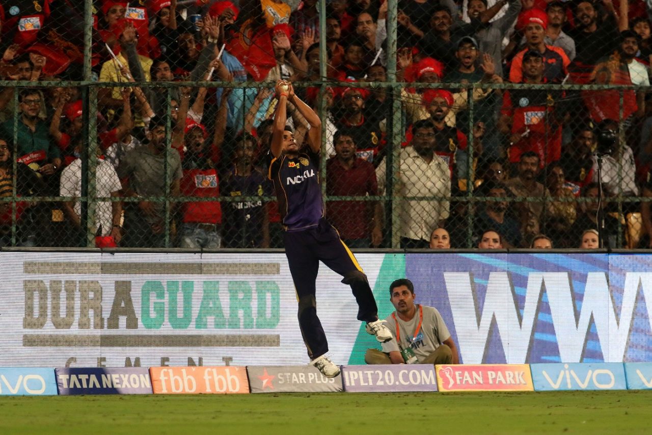 Shivam Mavi pulled off a stunning overhead catch in the deep, Royal Challengers Bangalore v Kolkata Knight Riders, IPL 2018, Bengaluru, April 29, 2018