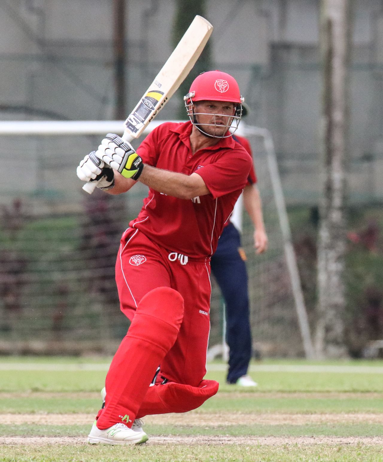 Freddie Klokker pulls behind square for a boundary on his way to top-scoring for Denmark, Denmark v Jersey, ICC World Cricket League Division Four, Kuala Lumpur, April 30, 2018
