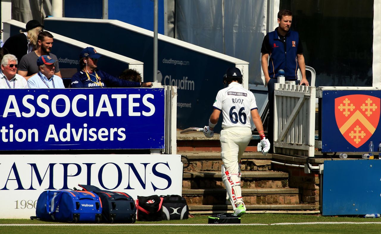 Joe Root returns to the pavilion after a first-baller, Yorkshire v Essex, Specsavers Championship Division One, Chelmsford, May 4, 2018