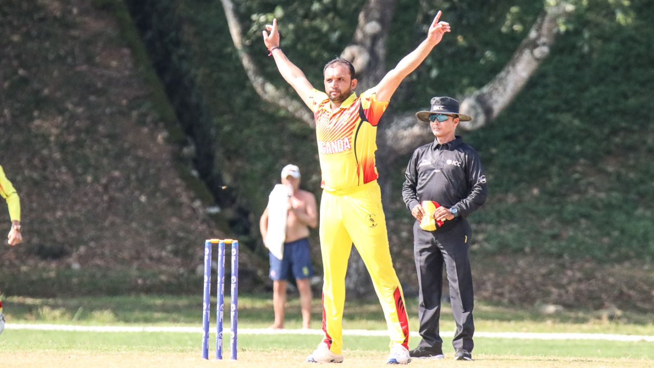 Irfan Afridi does the starfish in homage to his uncle after taking a wicket, Jersey v Uganda, ICC World Cricket League Division Four, Bangi, May 5, 2018