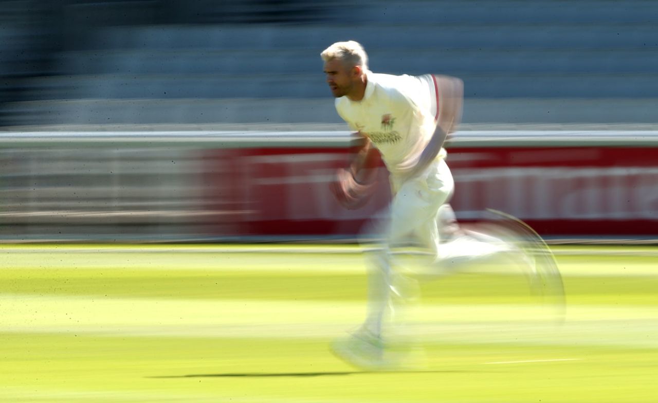 White lightning: James Anderson runs in, Lancashire v Somerset, County Championship, Division One, Old Trafford, 2nd day, May 5, 2018
