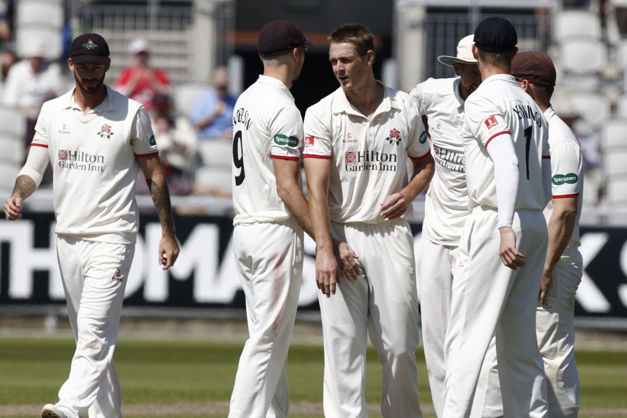 Joe Mennie picked up three wickets, Lancashire v Somerset, County Championship, Division One, Old Trafford, 2nd day, May 5, 2018