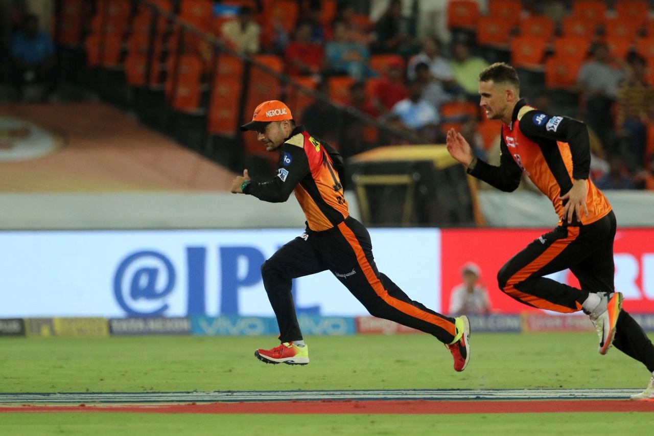 Catch me if you can: Rashid Khan and Alex Hales chase the ball, Sunrisers Hyderabad v Delhi Daredevils, IPL 2018, Hyderabad, May 5, 2018