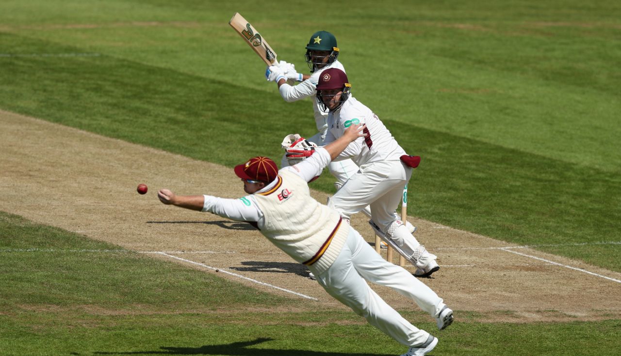 Richard Levi dives in an attempt to catch Haris Sohail, Northamptonshire v Pakistan, Day 2, Northampton, May 5, 2018