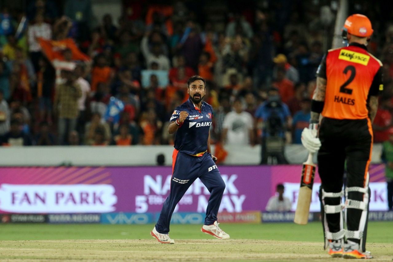 Amit Mishra celebrates after bowling Alex Hales, Sunrisers Hyderabad v Delhi Daredevils, IPL 2018, Hyderabad, May 5, 2018