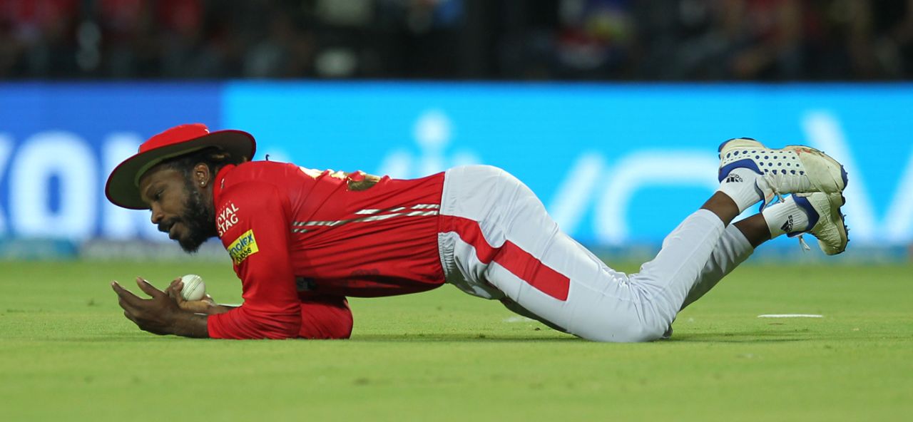 Chris Gayle holds on to a catch, Kings XI Punjab v Rajasthan Royals, IPL 2018, Indore, May 6, 2018