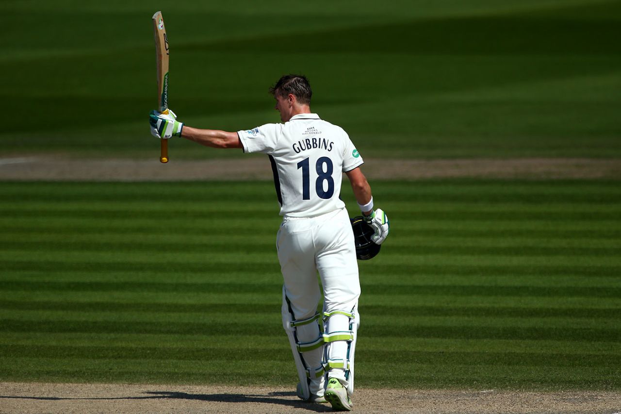 Nick Gubbins acknowledges his century, Sussex v Middlesex, Specsavers Championship, Division Two, Hove, May 6, 2018
