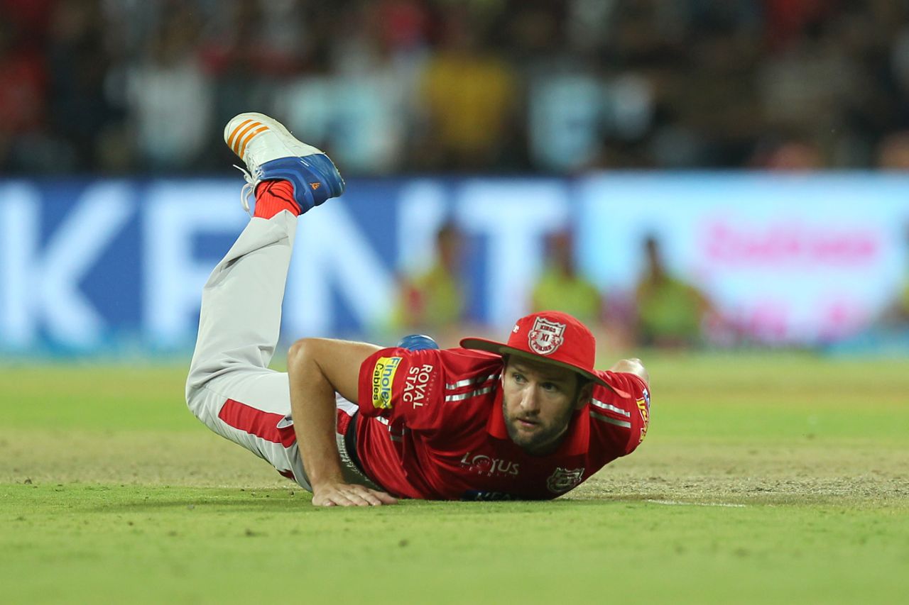 Andrew Tye looks on after mistiming a dive, Kings XI Punjab v Rajasthan Royals, IPL 2018, Indore, May 6, 2018