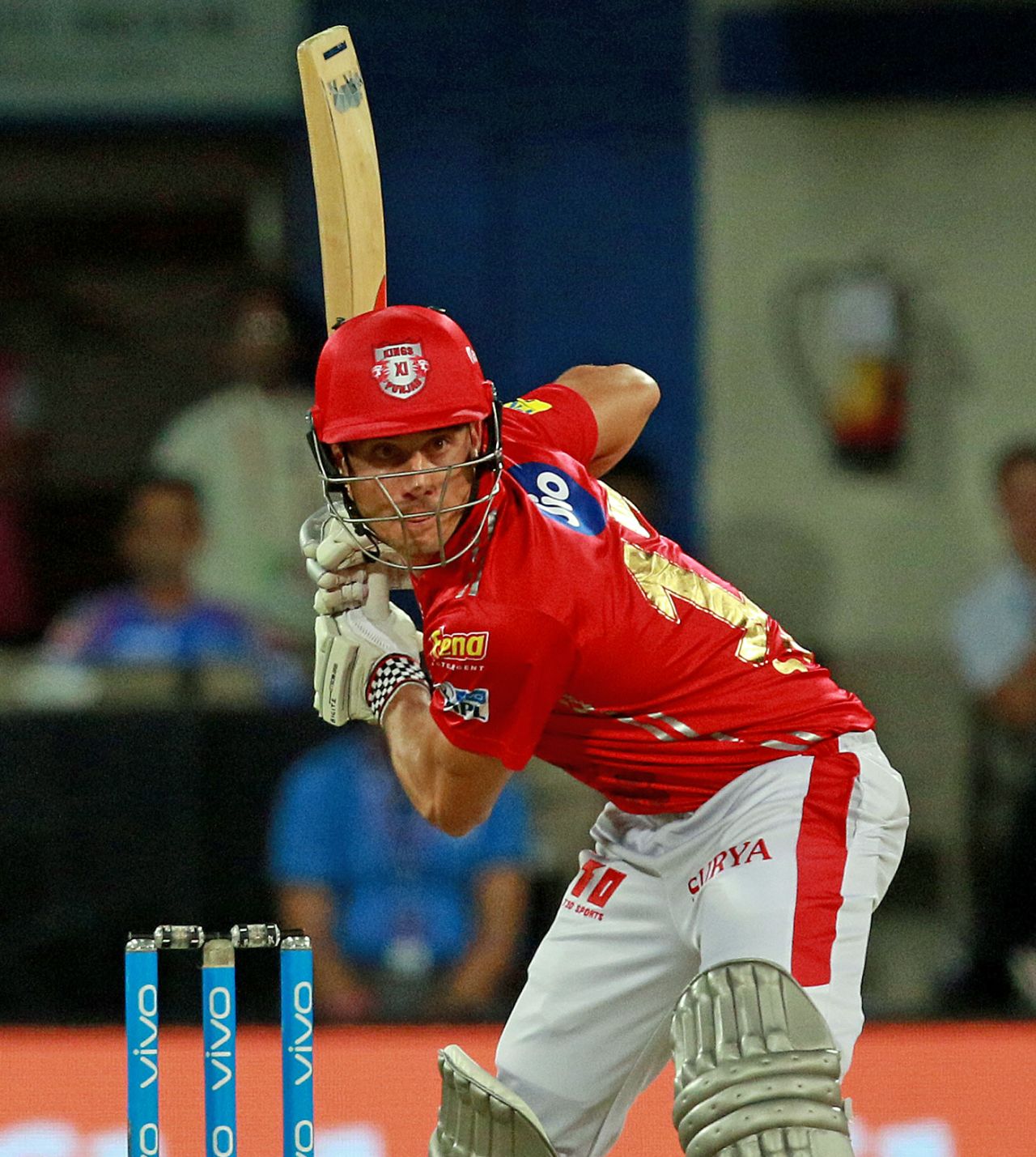 Marcus Stoinis shapes to play a delivery, Kings XI Punjab v Rajasthan Royals, IPL 2018, Indore, May 6, 2018