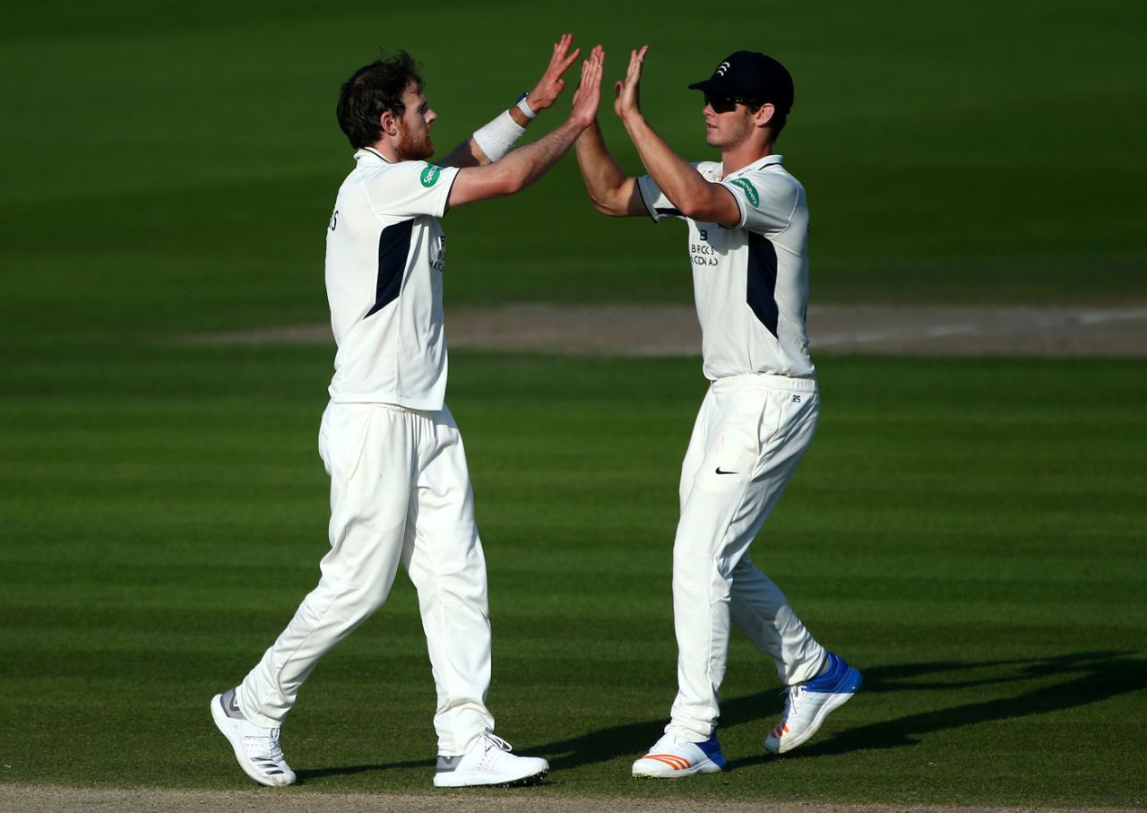 James Harris gets a high five from Hilton Cartwright, Sussex v Middlesex, Specsavers Championship, Division Two, Hove, May 6, 2018