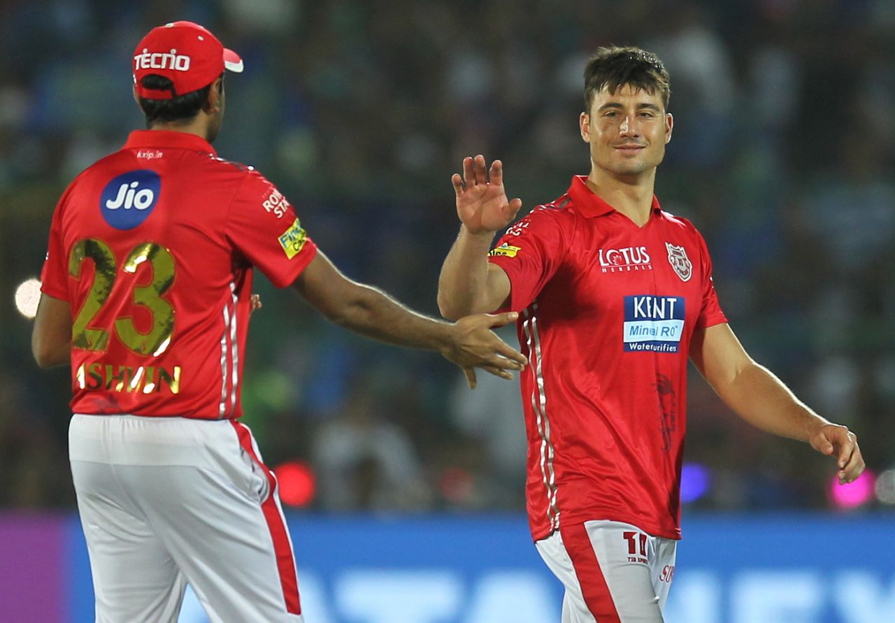 Marcus Stoinis is congratulated by his captain, Rajasthan Royals v Kings XI Punjab, IPL 2018, Jaipur, May 8, 2018
