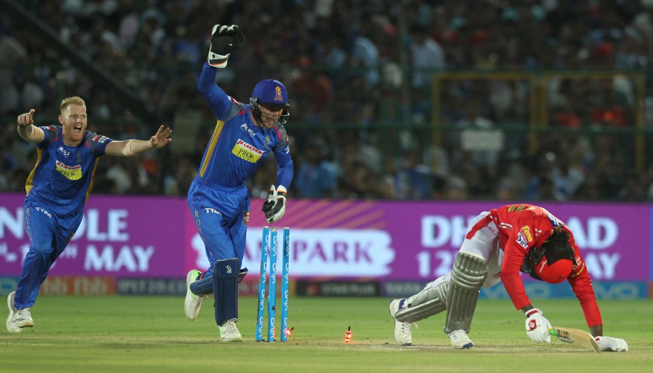 Fall of the empire: Jos Buttler and Ben Stokes erupt in celebrations after Chris Gayle is stumped, à la Imran Tahir, Rajasthan Royals v Kings XI Punjab, IPL 2018, Jaipur, May 8, 2018