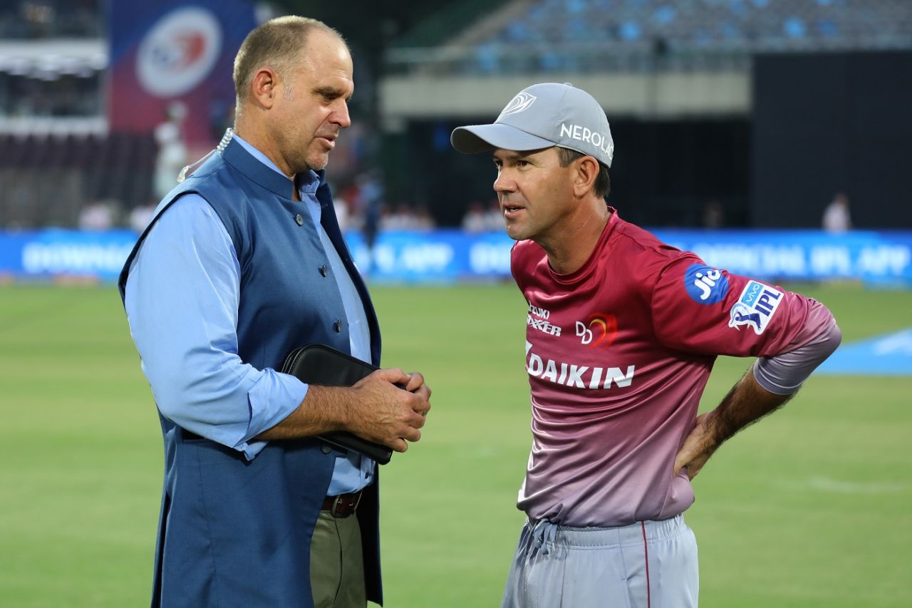 Former Australia team-mates Matthew Hayden and Ricky Ponting in conversation, Delhi Daredevils v Sunrisers Hyderabad, IPL 2018, Delhi, May 10, 2018