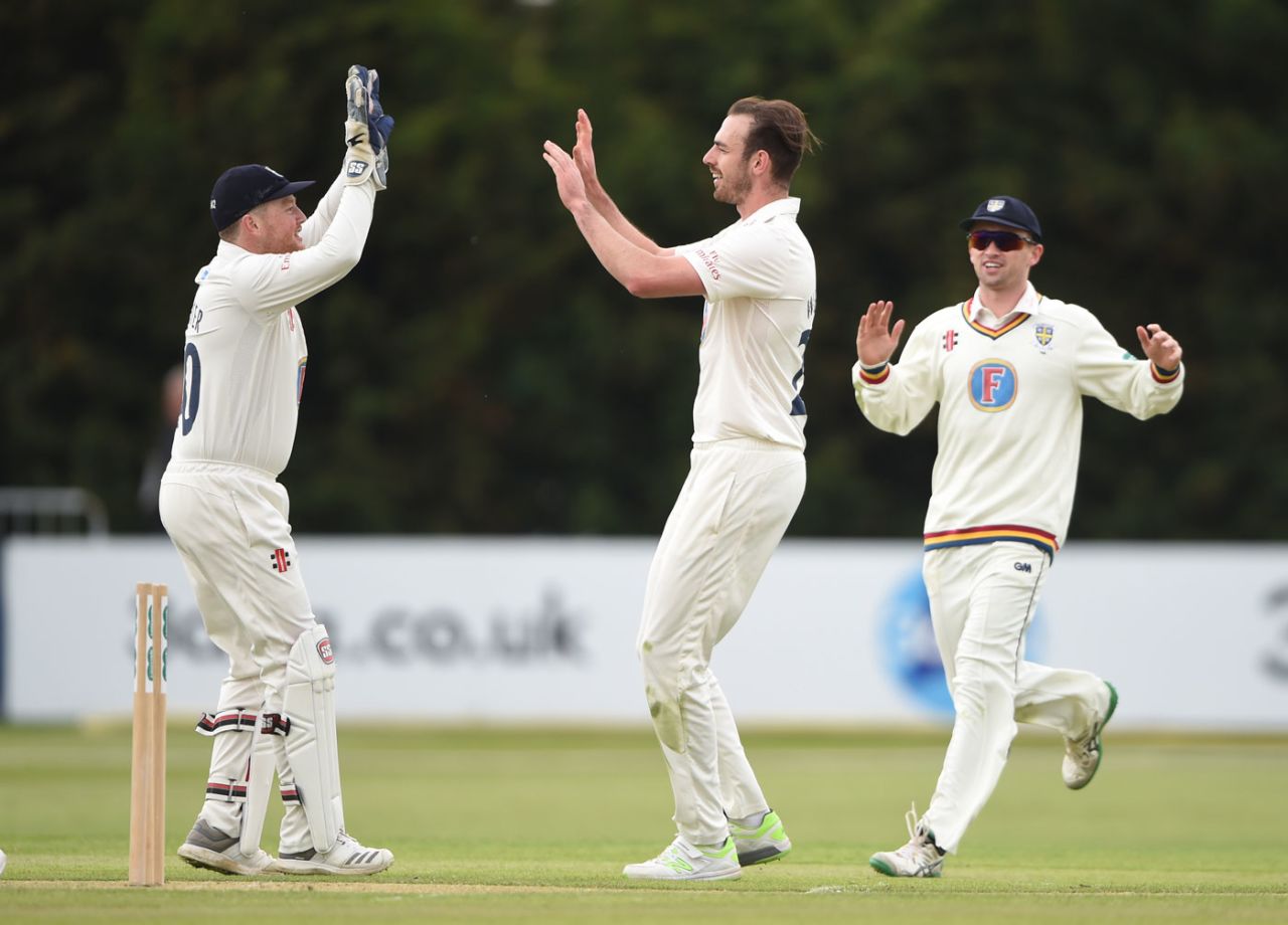 James Weighell celebrates a wicket, Derbyshire v Durham, Specsavers Championship, Division Two, Derby, May 11, 2018