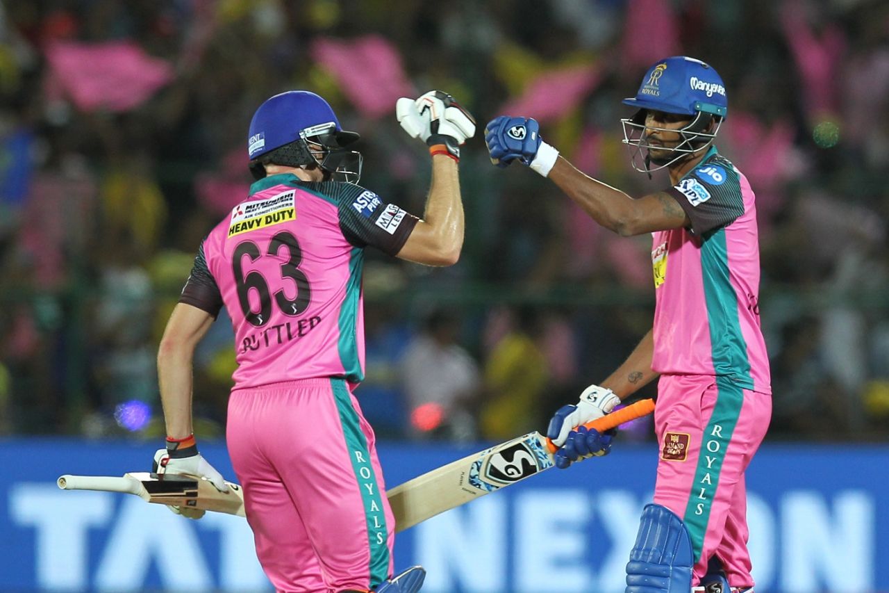 Jos Buttler and K Gowtham punch gloves, Rajasthan Royals v Chennai Super Kings, IPL 2018, Jaipur, May 11, 2018