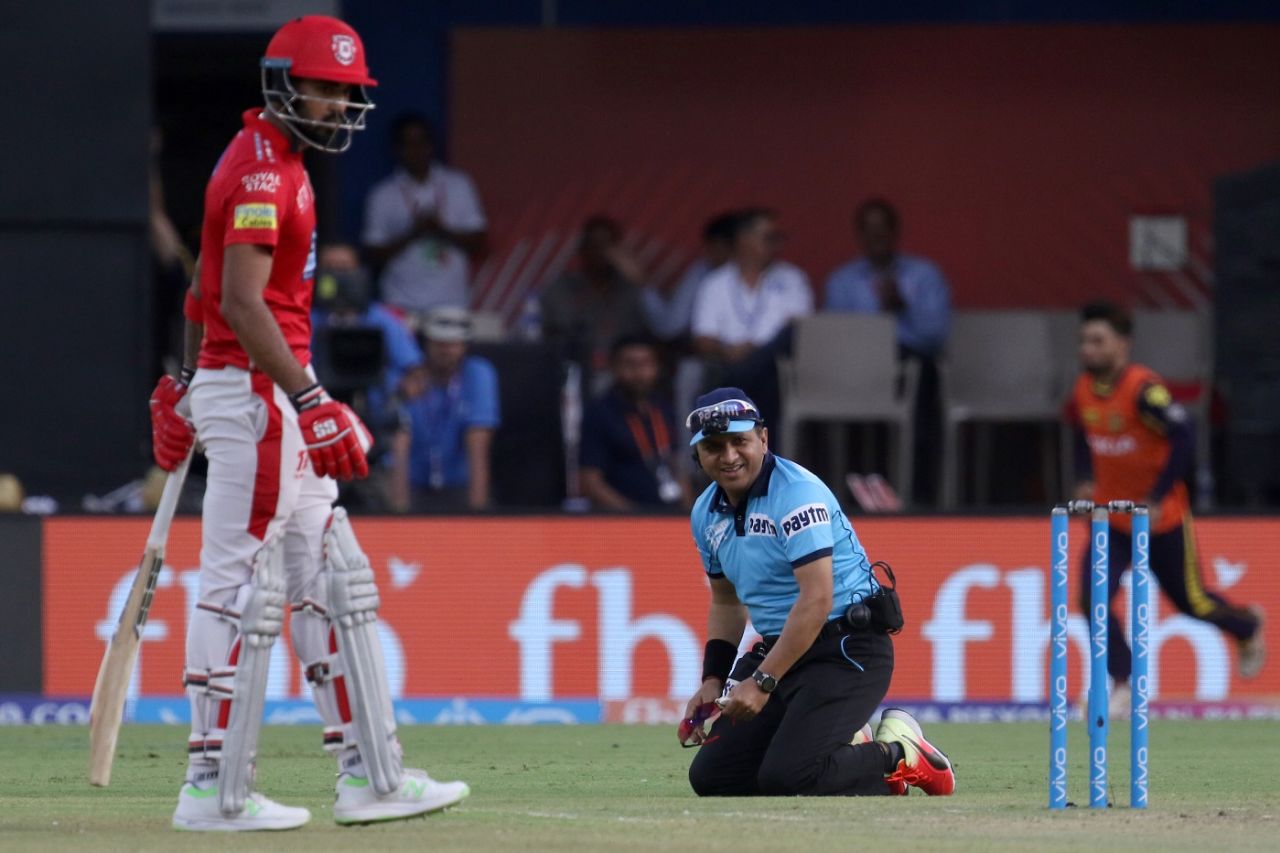 A Chris Gayle strike forced umpire Virender Sharma and KL Rahul to duck for cover, Kings XI Punjab v Kolkata Knight Riders, IPL 2018, Indore, May 12, 2018