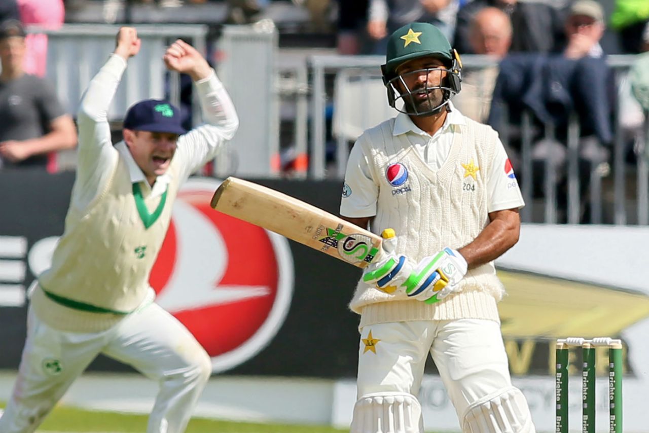 Asad Shafiq grimaces after holing out to Boyd Rankin, Ireland v Pakistan, Only Test, Malahide, 2nd day, May 12, 2018