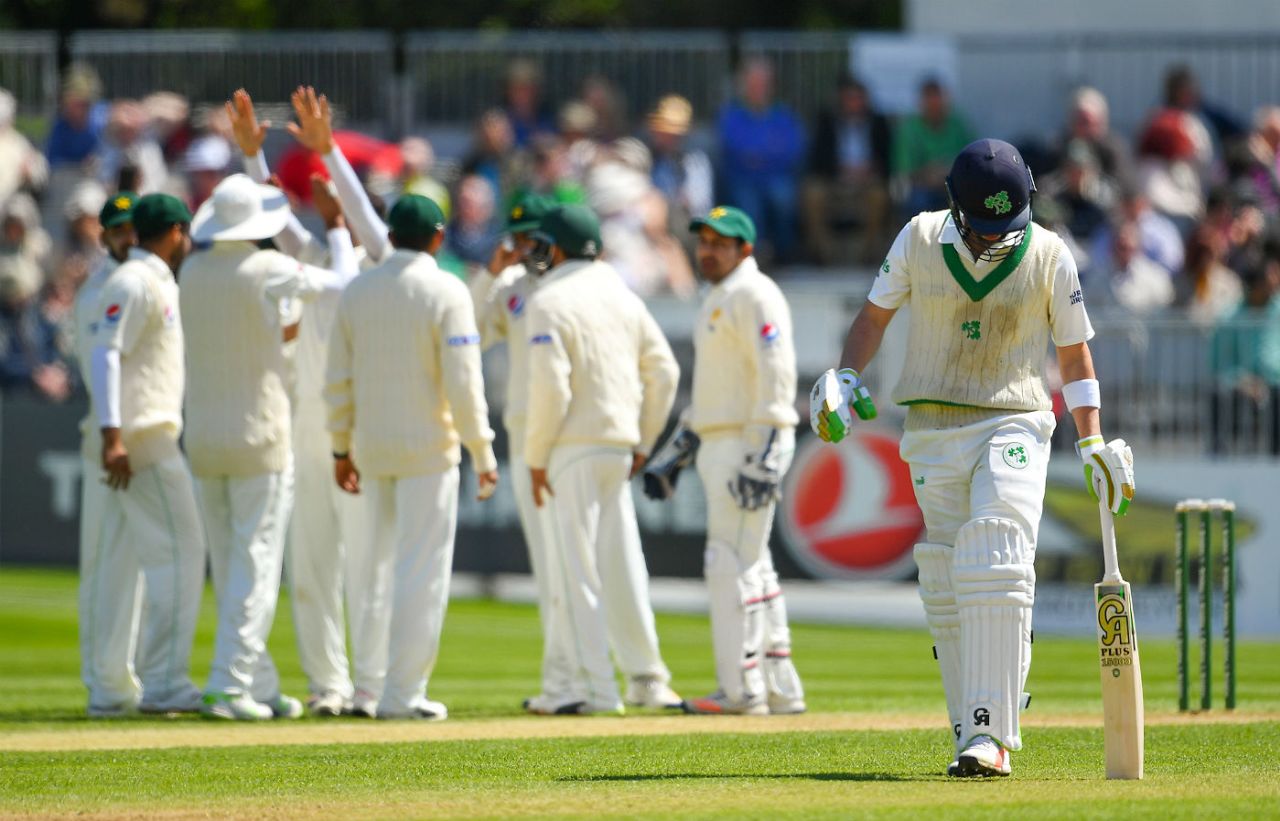 Mohammad Abbas removed Andy Balbirnie for a duck in his maiden Test innings, Ireland v Pakistan, Only Test, Malahide, 3rd day, May 13, 2018
