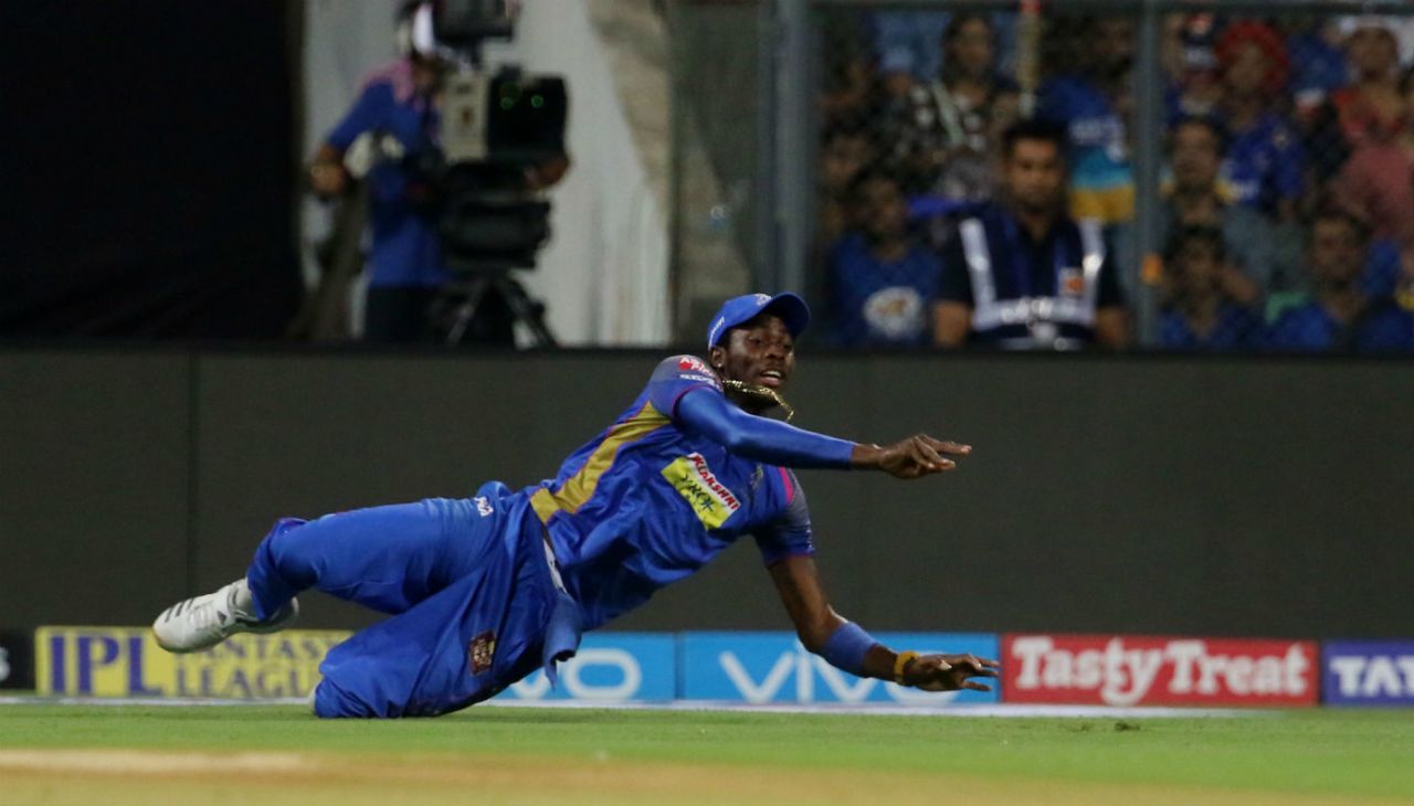 Jofra Archer shows off his athleticism as he puts out a sliding stop, Mumbai Indians v Rajasthan Royals, IPL, Mumbai, May 13, 2018