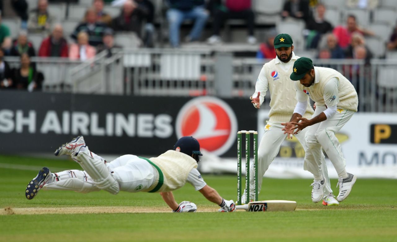 Will Porterfield survived a tight run-out opportunity, Ireland v Pakistan, Only Test, Malahide, 4th day, May 14, 2018