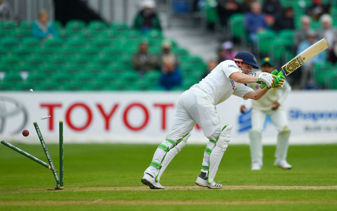Niall O'Brien was bowled by Mohammad Amir for 18, Ireland v Pakistan, Only Test, Malahide, 4th day, May 14, 2018