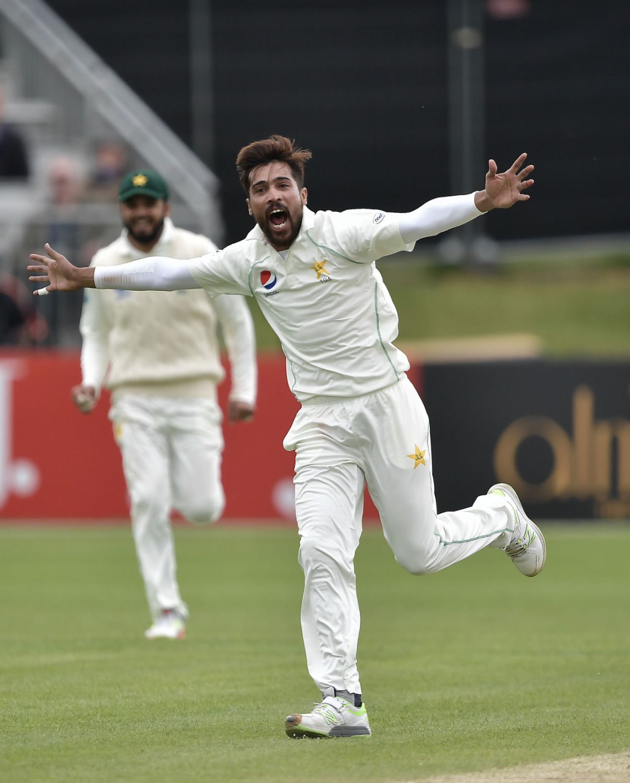 Mohammad Amir sets off in celebration at another wicket, Ireland v Pakistan, Only Test, Malahide, 4th day, May 14, 2018