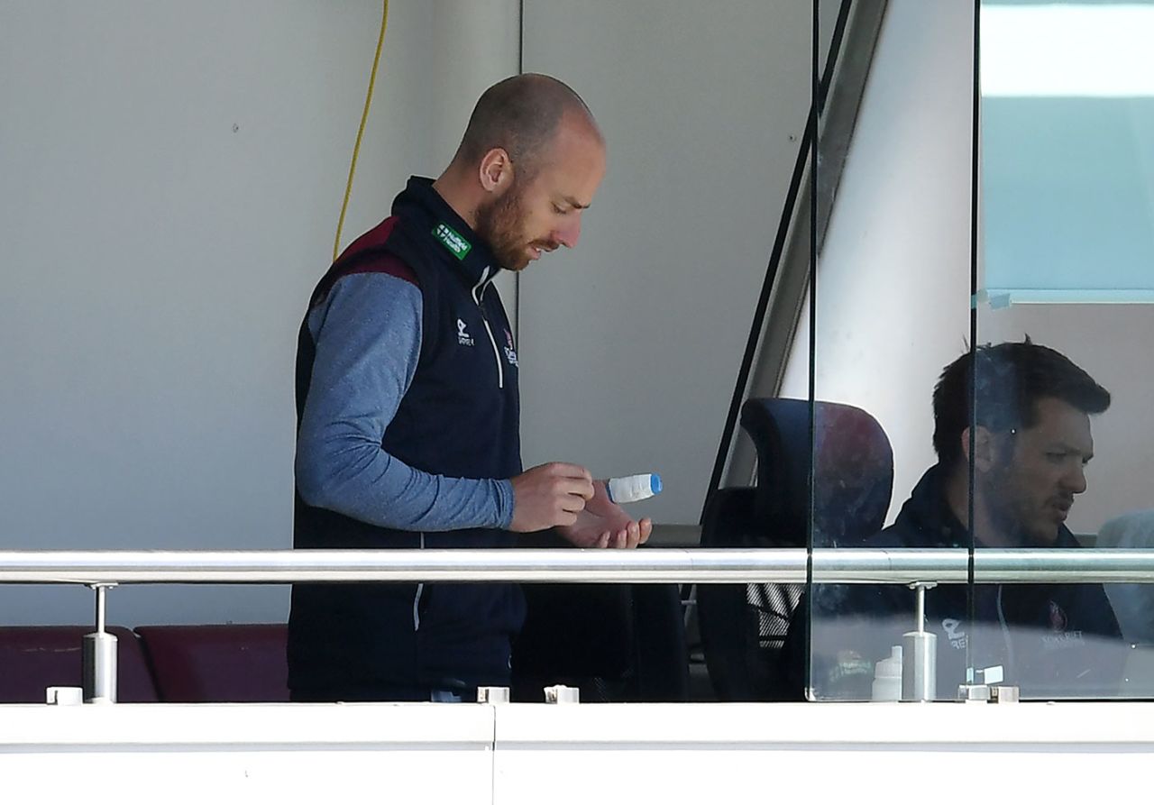 Jack Leach inspects his broken thumb, Somerset v Hampshire, Specsavers Championship, Division One, Taunton, 4th day, May 14, 2018