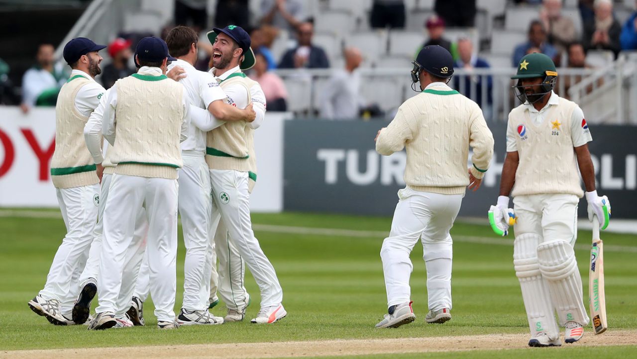 Ireland celebrate the dismissal of Asad Shafiq, Ireland v Pakistan, Only Test, Malahide, 5th day, May 15, 2018