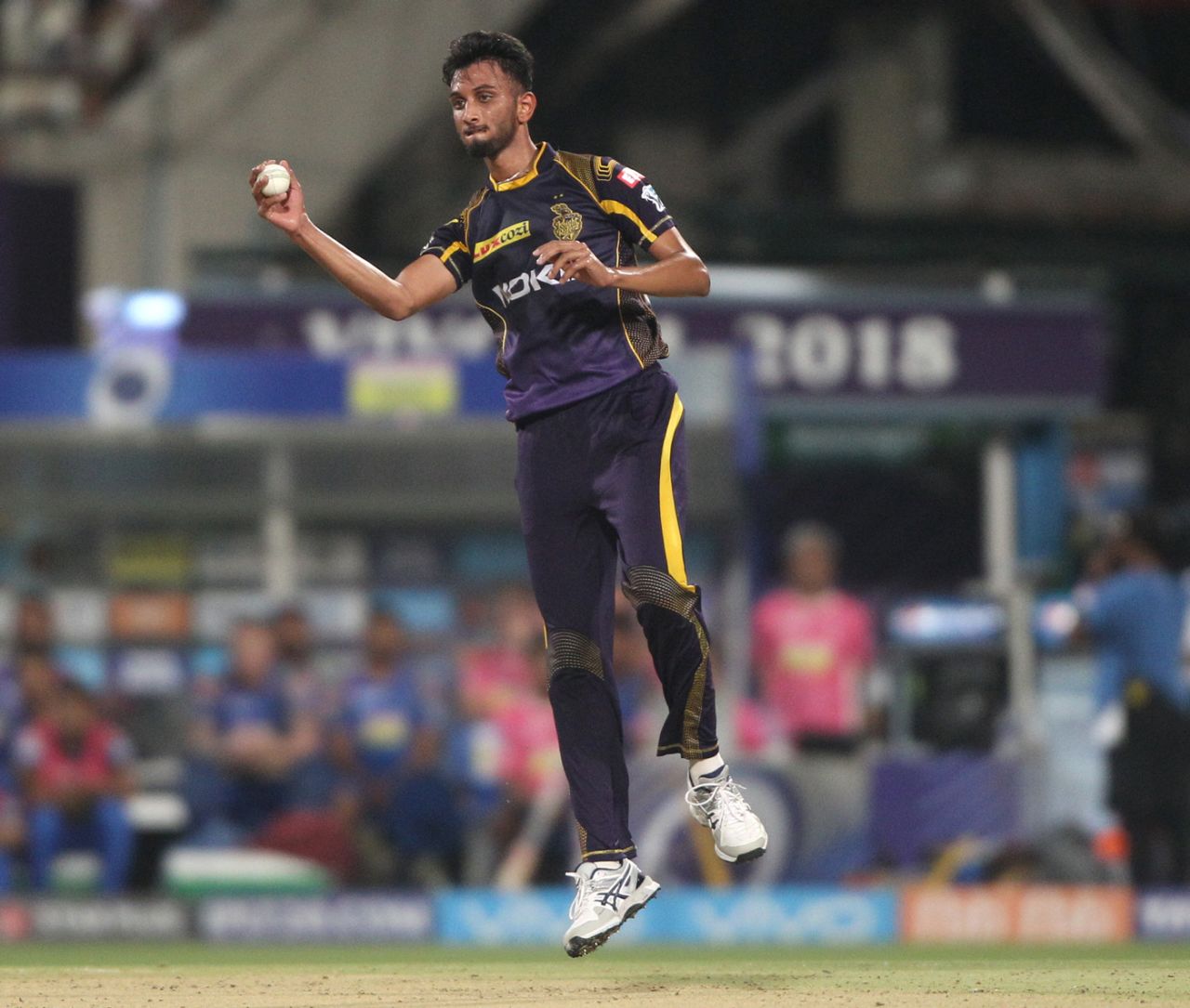 Prasidh Krishna fields off his own bowling, Kolkata Knight Riders v Rajasthan Royals, IPL 2018, Kolkata, May 15, 2018