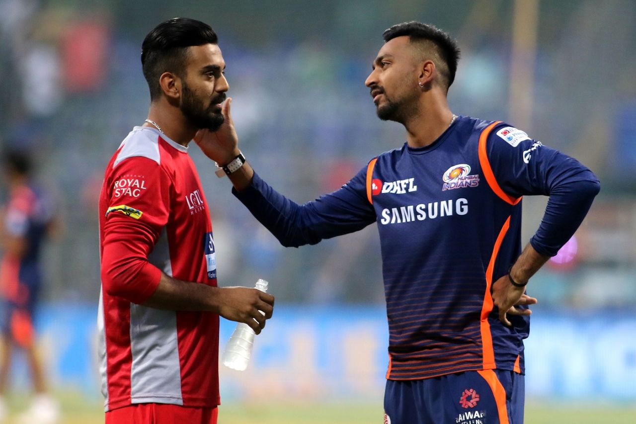 KL Rahul and Krunal Pandya share a light moment, Mumbai Indians v Kings XI Punjab, IPL 2018, Mumbai, May 16, 2018