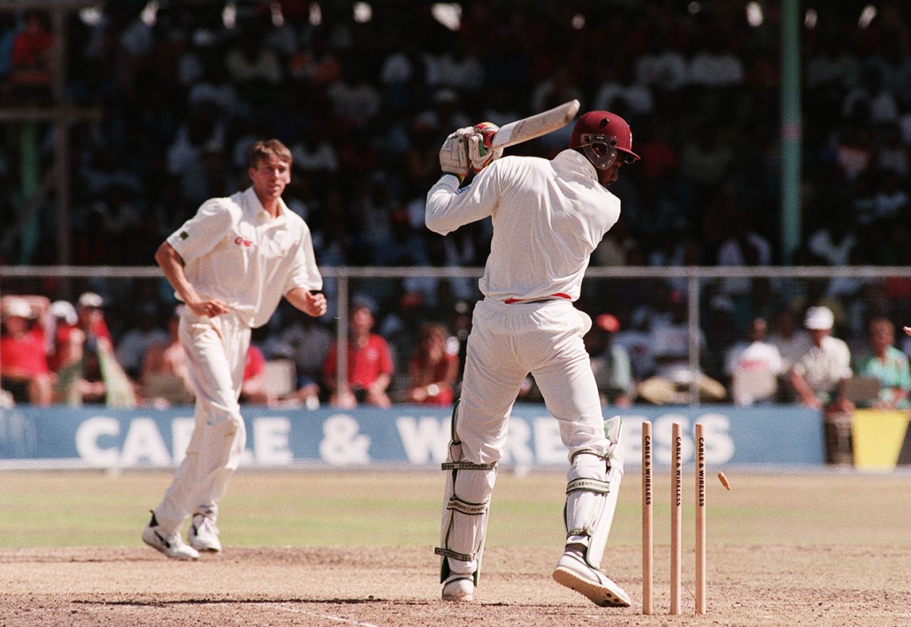 Glenn McGrath bowls Courtney Walsh, West Indies v Australia, 1st Test, Barbados, 3rd day, April 2, 1995