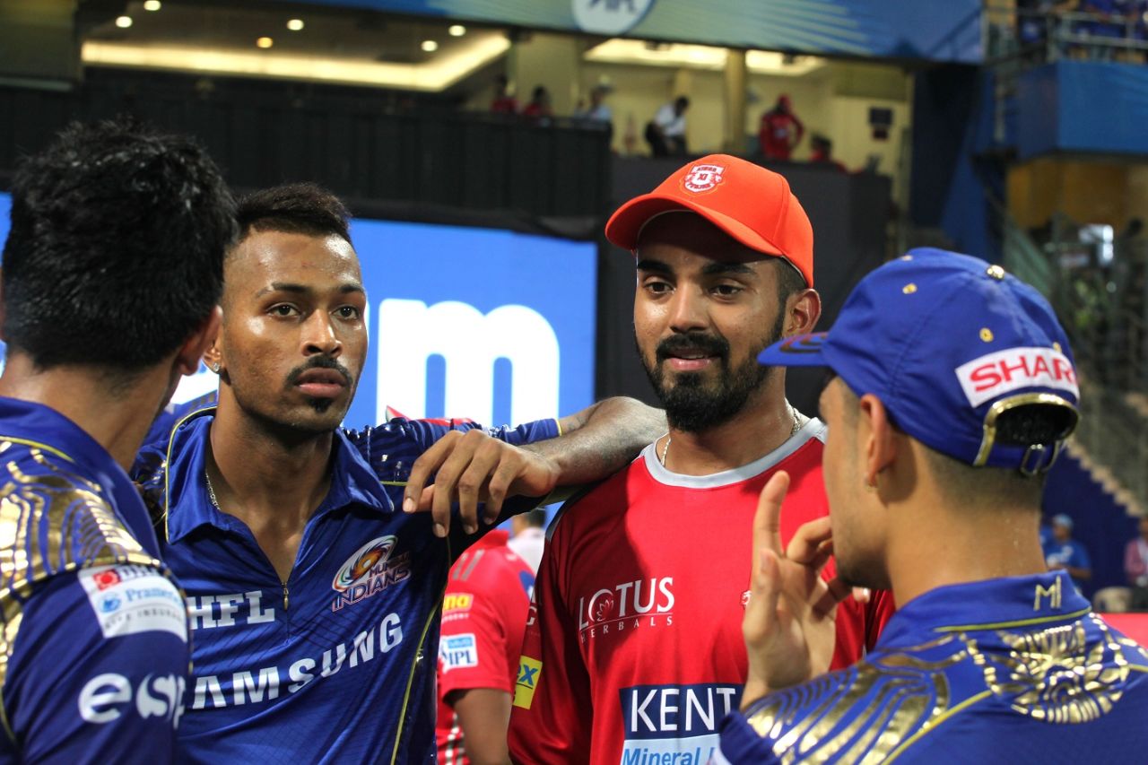 KL Rahul and Hardik Pandya have a chat after the game, Mumbai Indians v Kings XI Punjab, IPL 2018, Mumbai, May 16, 2018
