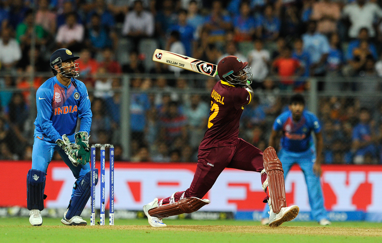 Andre Russell launches one, India v West Indies, World T20 2016, semi-final, Mumbai, March 31, 2016